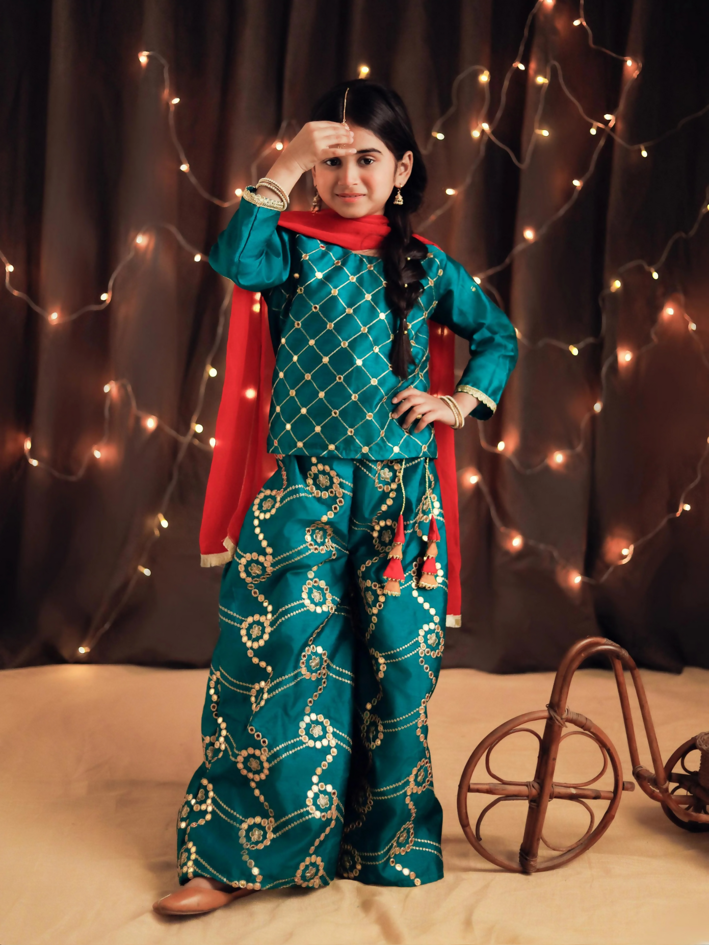 Kidoz Kloset Raw Silk Embroidered Stitched 3-Piece Suit-Dazzling Delight-Teal Embroidered Palazzo Set