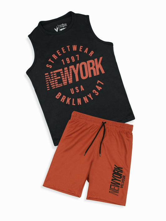 Black and Orange Velvour Boys & Girls Printed Track Suit-VST58-D