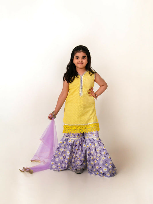 Kidoz Kloset Chikankari Embroidered Stitched 3-Piece Suit-Daisy Drizzle