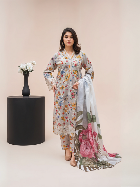 White and Pink Masoori Summer Lawn 3-Piece Stitched - 07