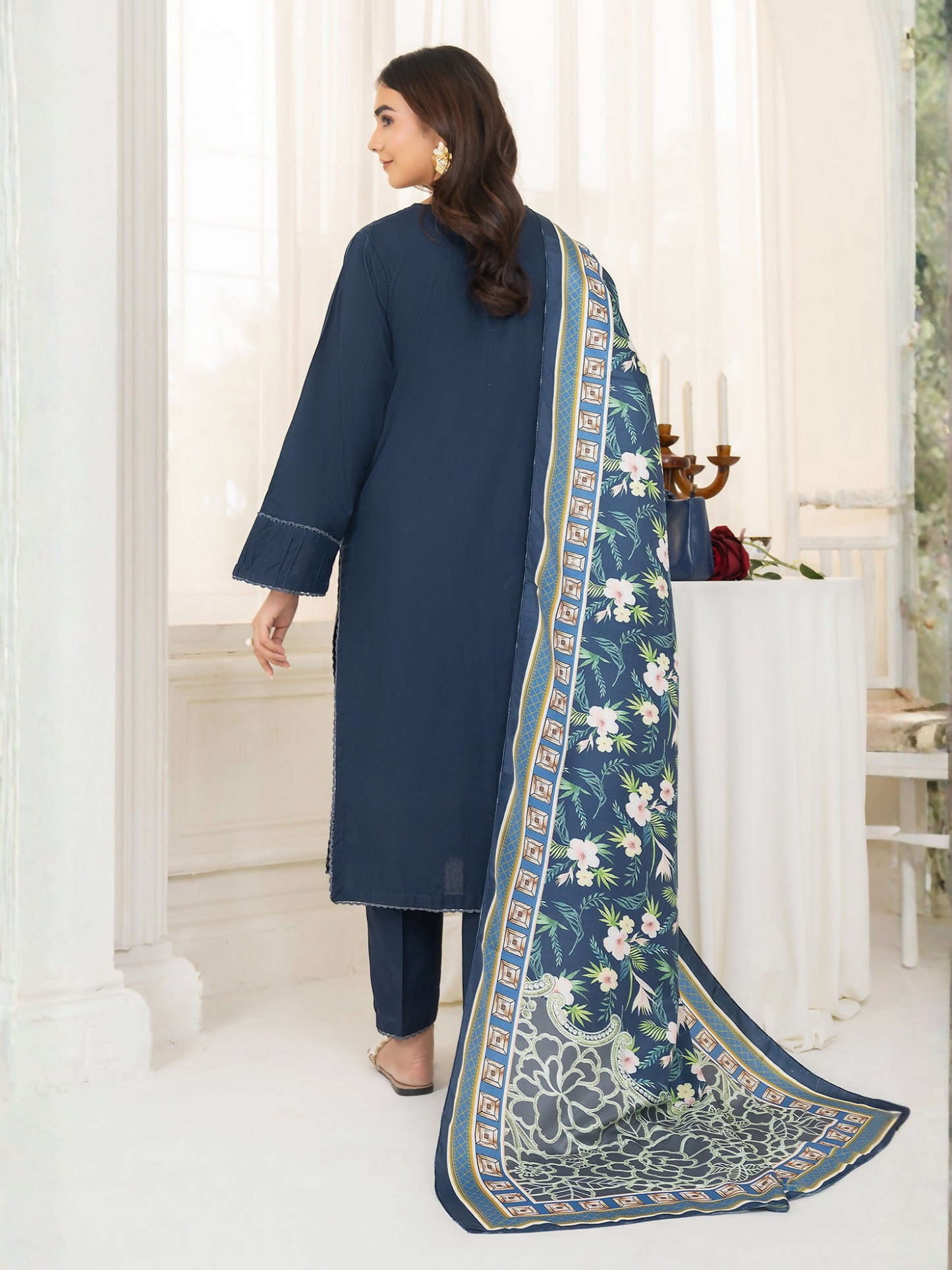 Panache Apparel Winter Whisper Khaddar Embroidered Stitched 3-Piece Suit-Navy Frost