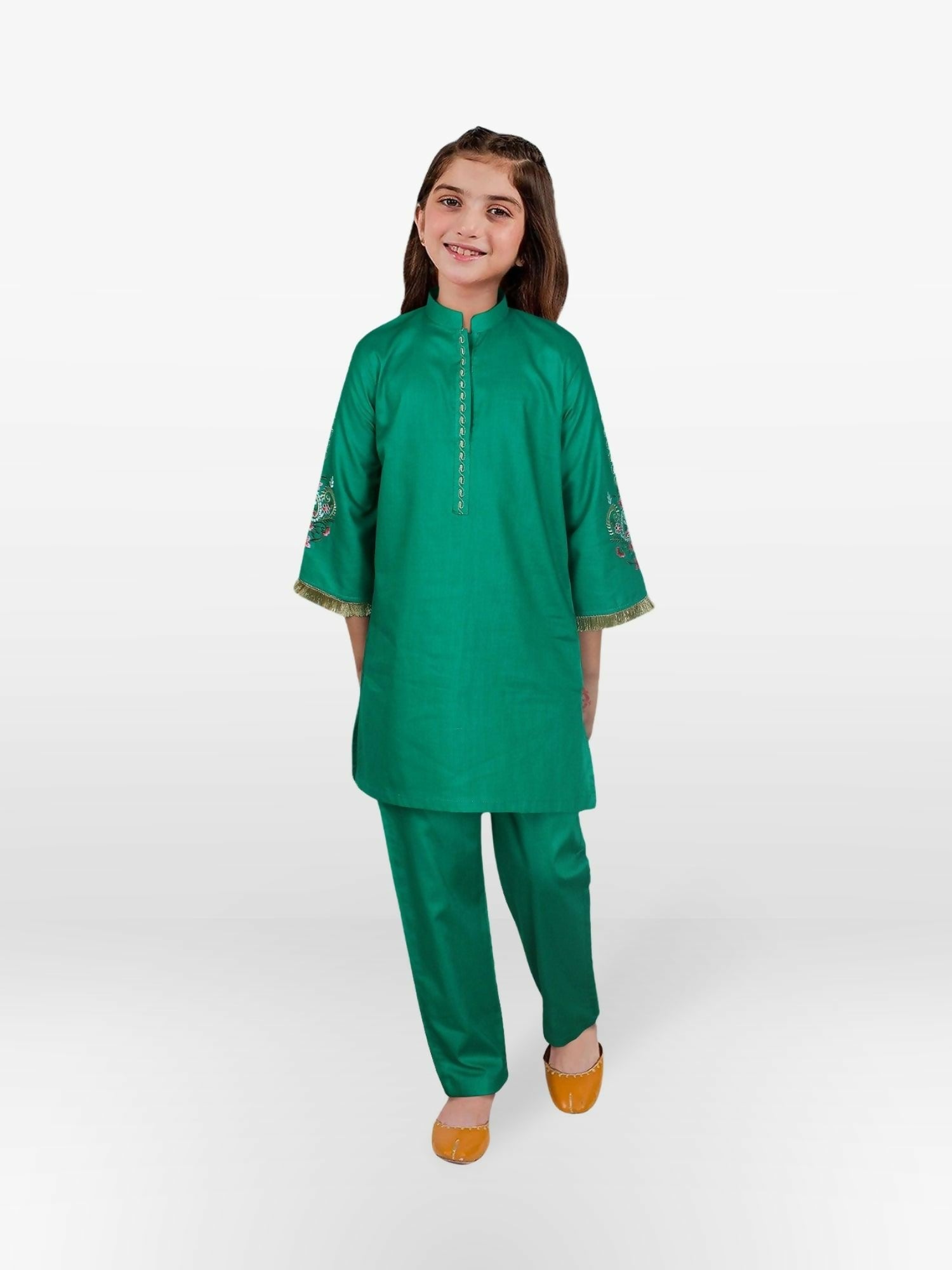 Green Velvour Girls Embroidered Stitched 2-Piece Suit-VG73-C