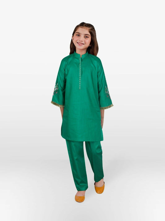 Green Velvour Girls Embroidered Stitched 2-Piece Suit-VG73-C
