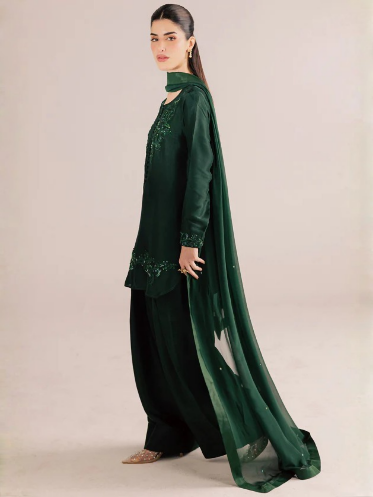 Allure By IH Silver Night Tussel Silk Embroidered Stitched 3-Piece Suit-Forest