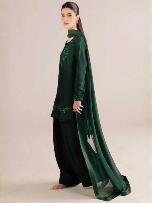 Allure By IH Silver Night Tussel Silk Embroidered Stitched 3-Piece Suit-Forest