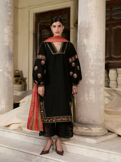 Hussain Rehar Khaddar'25 Embroidered Stitched 3-Piece Suit-Siyah