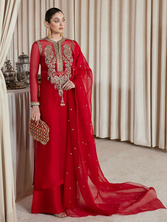 Hussain Rehar – Red Organza Embellished Outfit with Palazzo Pants and Dupatta