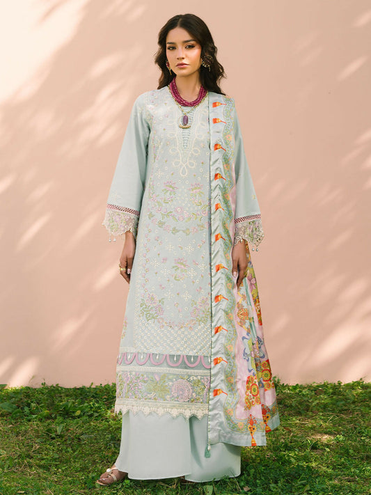 Unstitched 3-piece lawn suit from Mahnur Dahlia collection with embroidered shirt, printed silk dupatta, and dyed trouser.