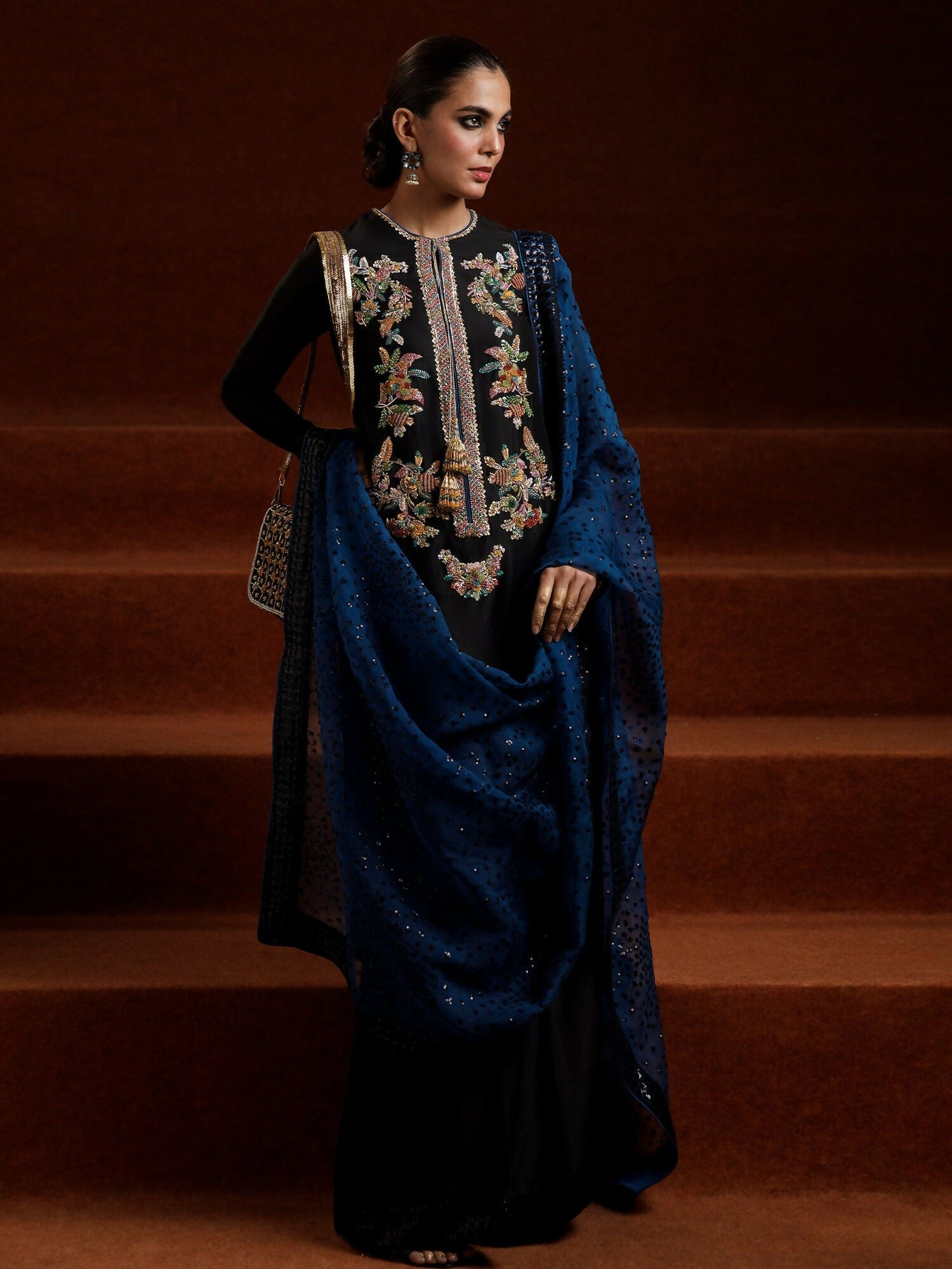 Hussain Rehar black raw silk hand-embellished shirt with palazzo pants and blue organza dupatta