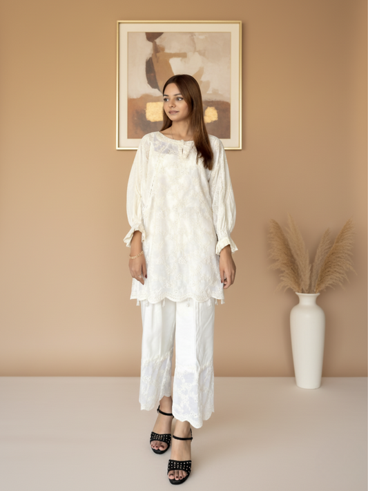 Cream Zubia Motiwalla Chikan Embroidered Stitched 3-Piece Suit-ZM349