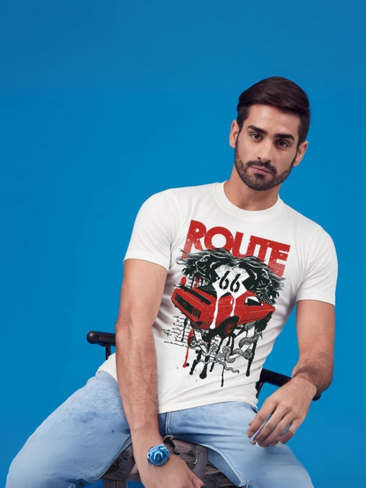 White Jupiter Printed Pro Route 66 Graphic Men Cotton Tee-Shirt-13474