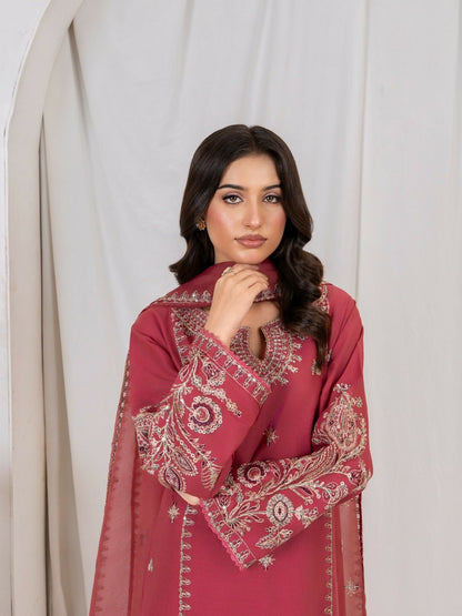 Stylish Collection Saya Pret Linen Chambray Embroidered 3-Piece Suit-Pink Opal