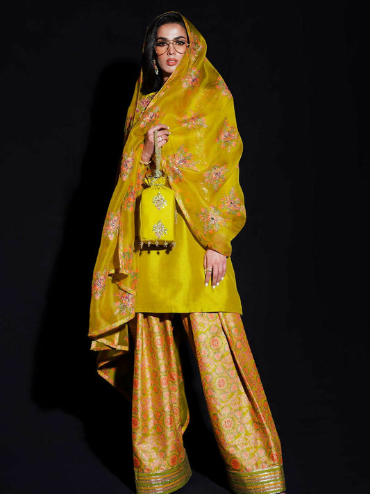 Lime Yellow Hussain Rehar BASIC NOT BASIC IV Raw Silk Embroidered Stitched 3-Peice Suit-Sheen