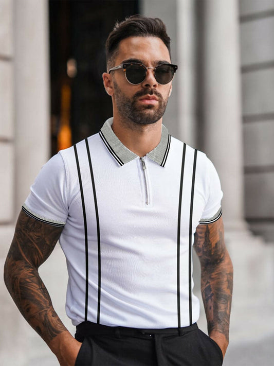 Men's combed cotton pique polo shirt with honey-combed texture, jacquard knit premium collar and cuffs, front quarter zip placket, stitched vertical stripes, and fine side vents.
