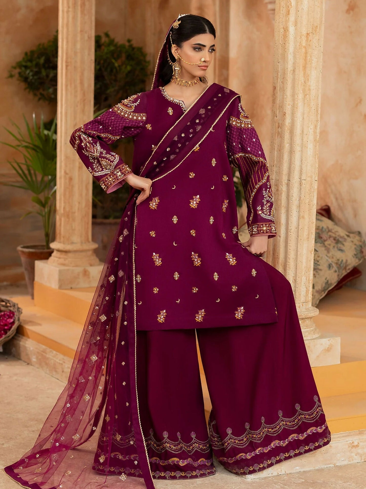 Shurooq Kanpur 1912 Silk Embellished Stitched 3-Piece Suit-Nehel