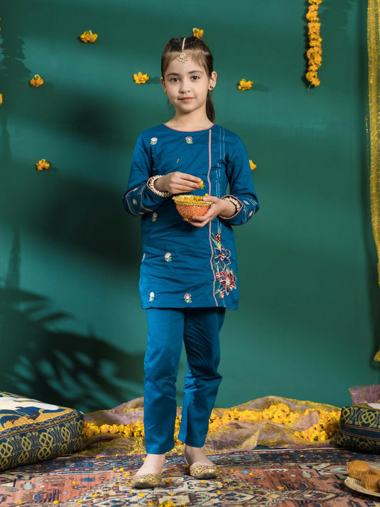 Teal Blue Velvour Girls Embroidered Stitched 2-Piece Suit-VG74-C