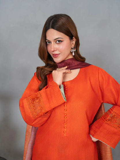 Stylish Collection Musk Raw Silk Printed Stitched 3-Piece Suit-Jahaan