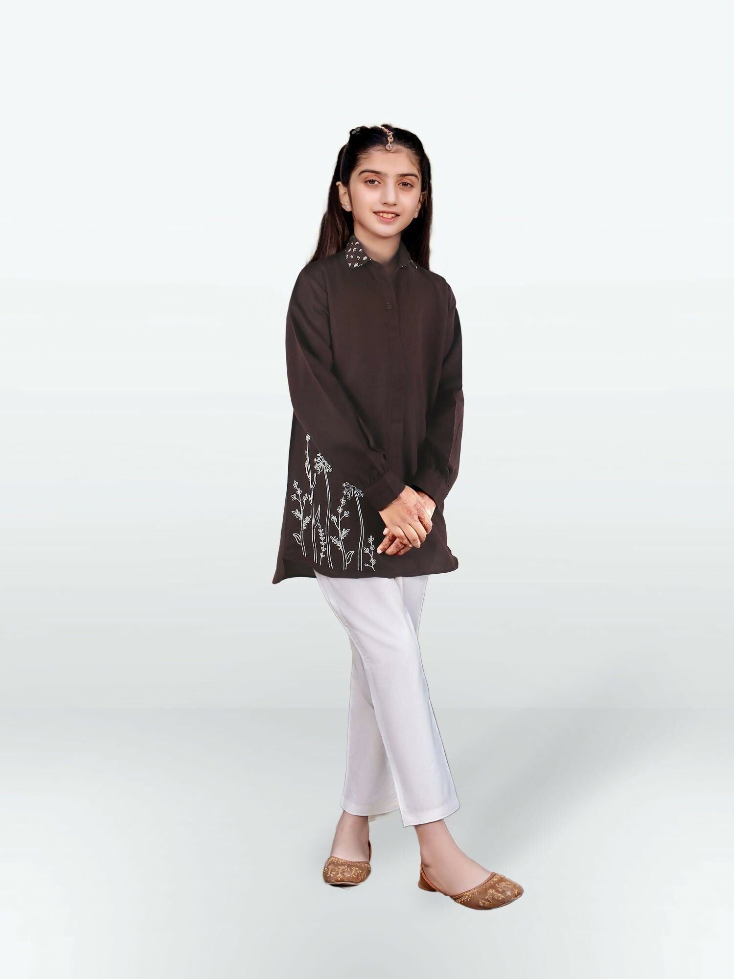 Dark Brown Velvour Girls Embroidered Stitched Tunic-VG121-A