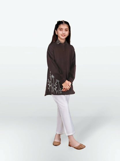 Dark Brown Velvour Girls Embroidered Stitched Tunic-VG121-A