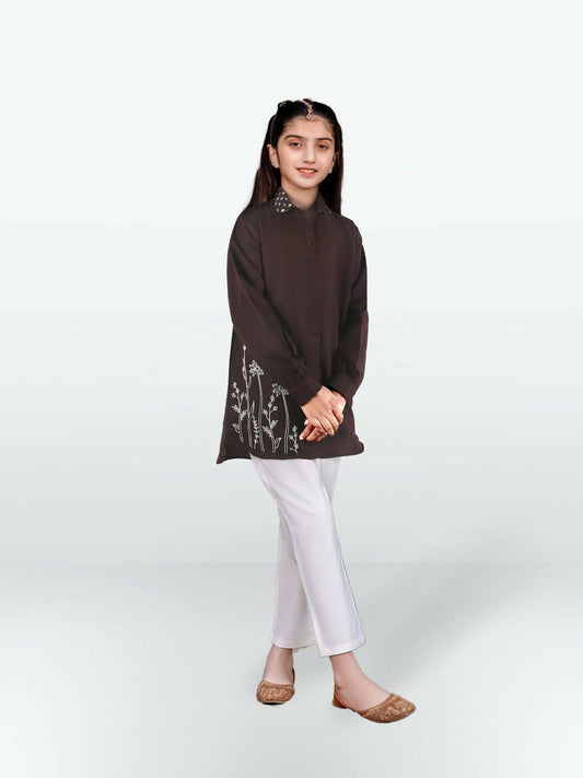 Dark Brown Velvour Girls Embroidered Stitched Tunic-VG121-A