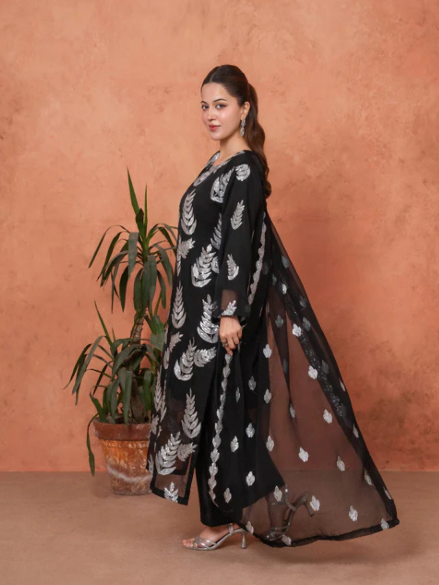Stylish Collection Majeste Crinkle Chiffon Embroidered Stitched 3-Piece Suit-Zirwah Black