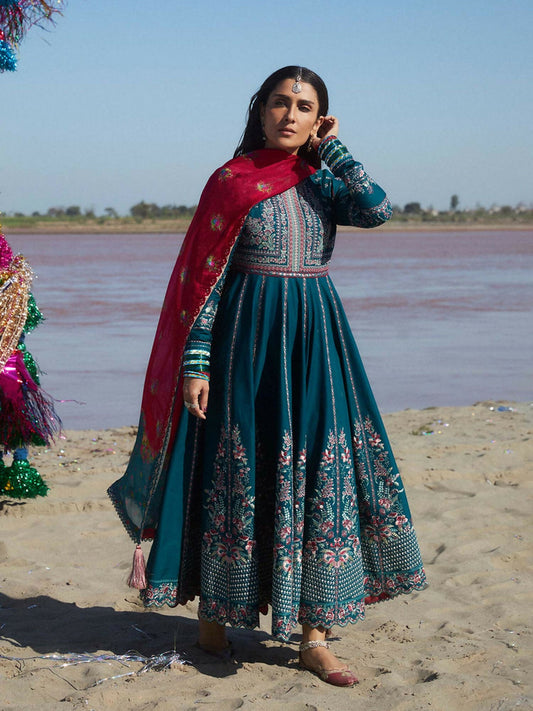 Deep teal embroidered lawn peshwas with embellished bodice and sleeves, churidar cotton pajama, and silk dupatta in blue and pink hues with floral patterns.