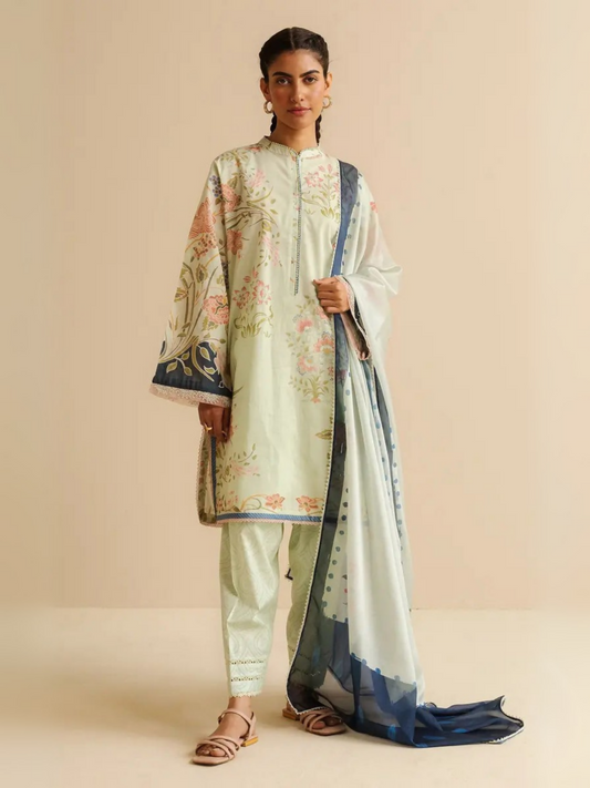 Unstitched 3-piece printed suit with floral lawn shirt, cambric trouser, and digital printed silk dupatta
