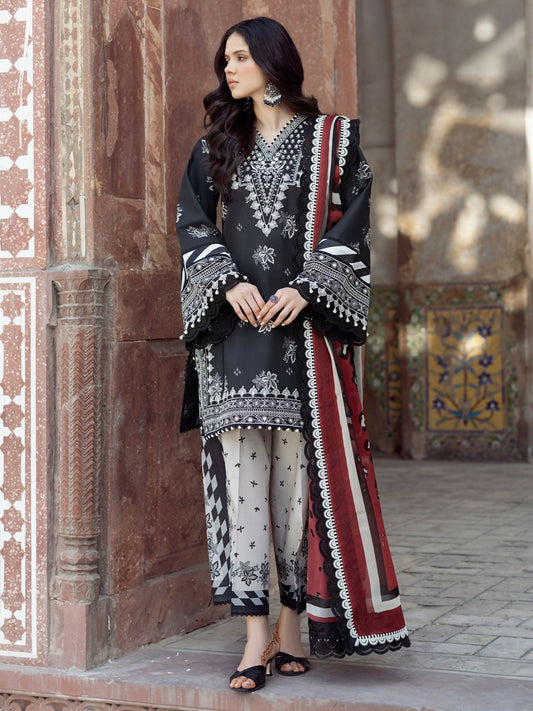 Unstitched 3-piece suit featuring a digitally printed shirt, embroidered neckline and daman motif, chiffon dupatta, and printed cotton trouser.