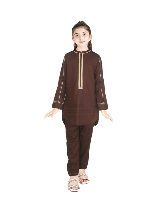 Deep Brown and Light Lemon Velvour Girls Stitched 2-Piece Suit-VG104-D