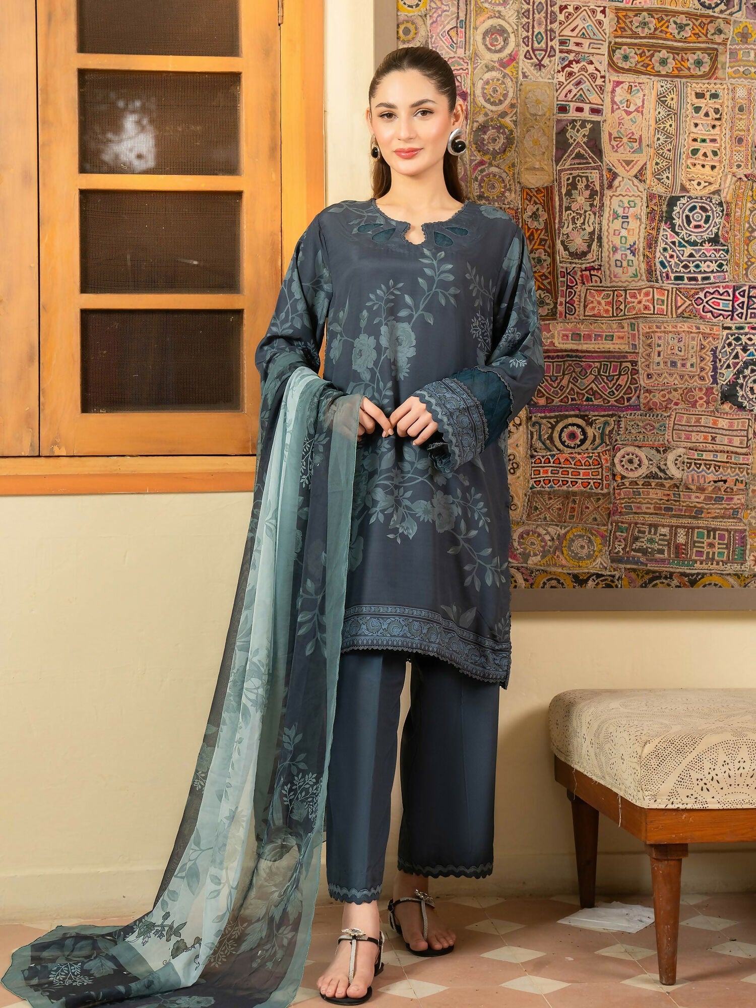Panache Apparel Mah-e-Noor Khaddar Printed Stitched Suit-Slate