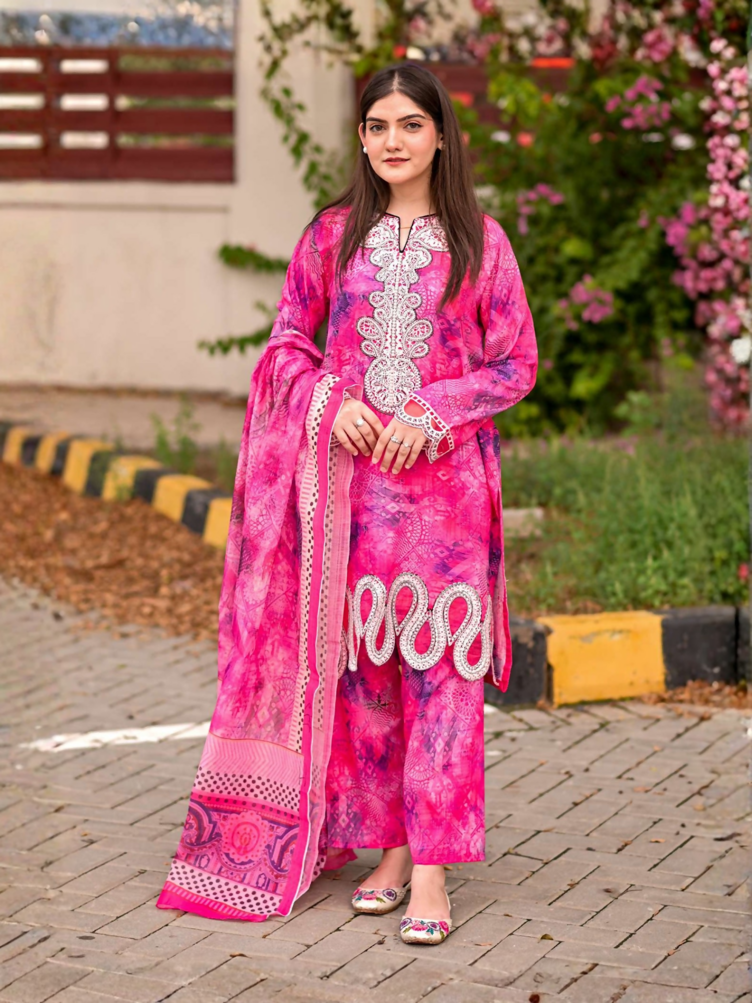MH Cloth House Cotton Lawn Embroidered Stitched 3-Piece Suit-Gulabi Jhalak