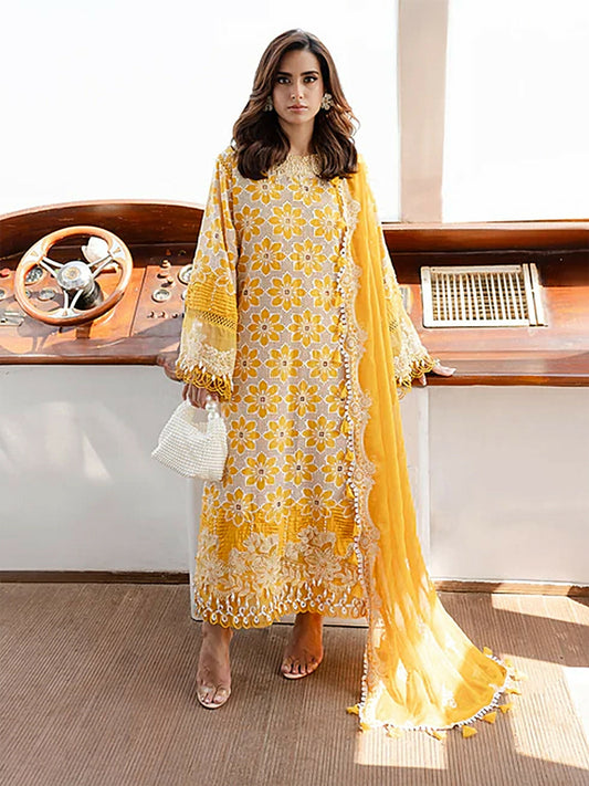 Unstitched 3-piece suit with embroidered lawn front and sleeves, dyed plain lawn back, embroidered chiffon dupatta, and dyed cambric trouser, ideal for elegant summer styling.