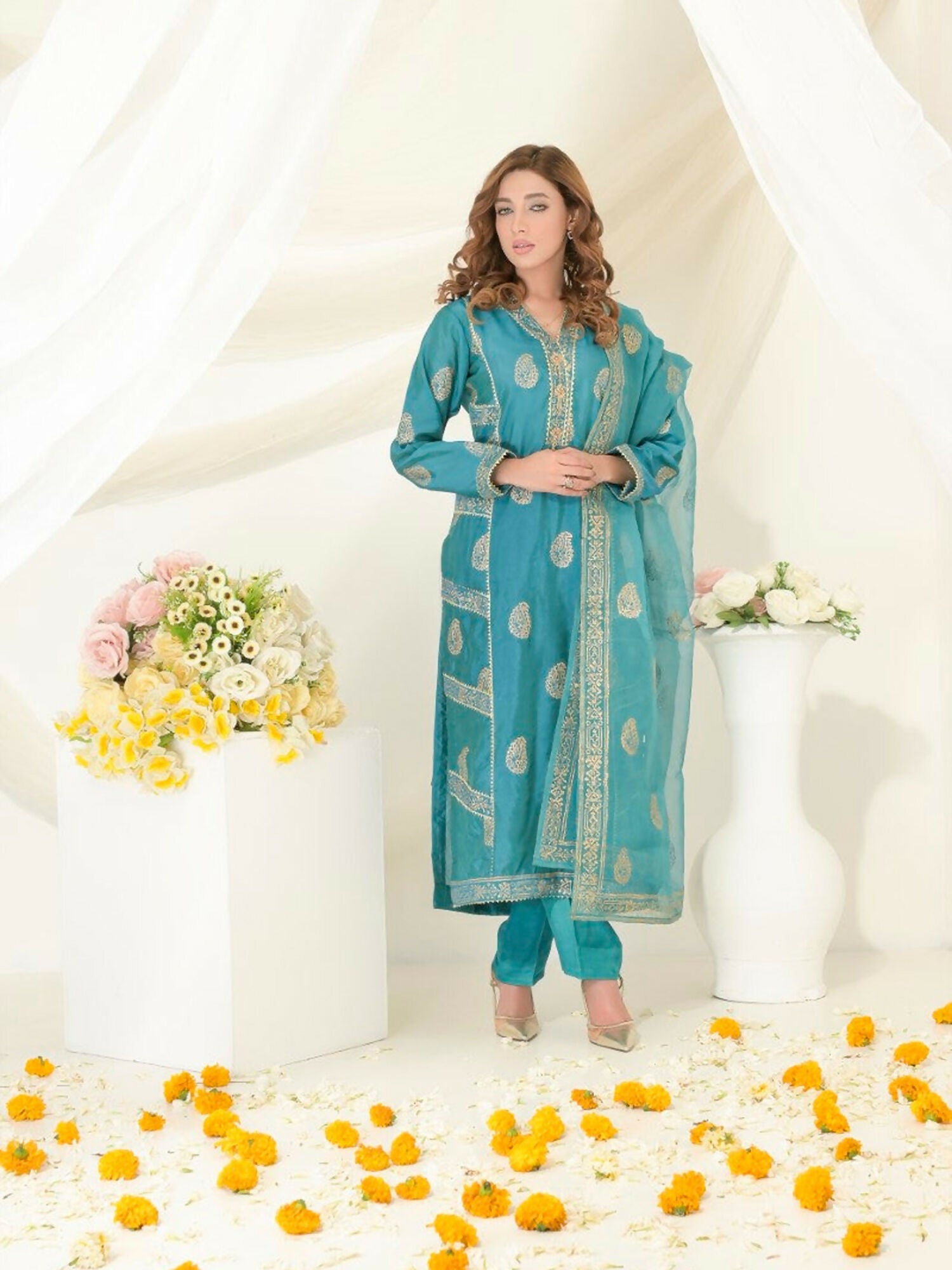 Ruby's Couture Gul-Bahar Silk Printed Stitched 3-Piece Suit-Maleena