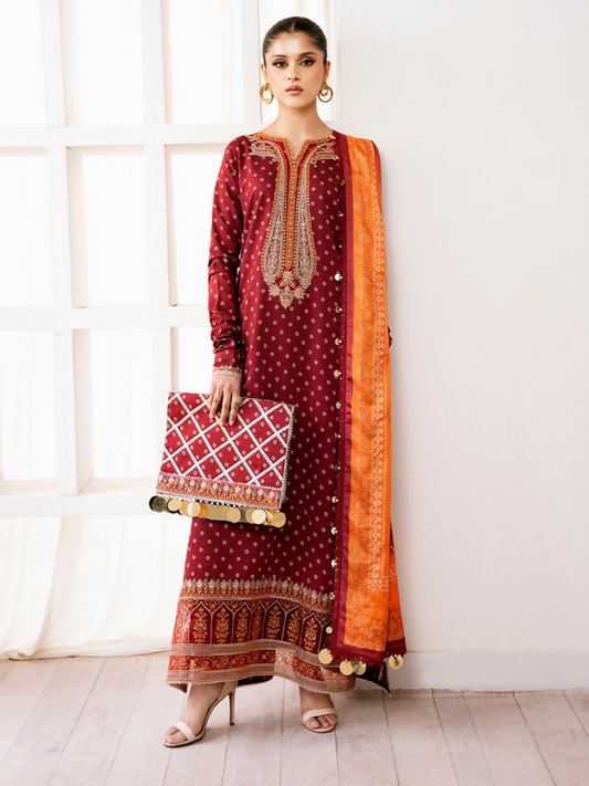 Bin Ilyas unstitched 3-piece suit with digital printed lawn shirt, sequin embroidered organza neckline and laces, digital printed dupatta, and dyed cotton trouser.