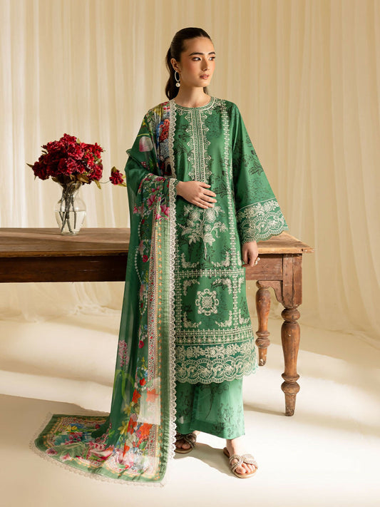 Unstitched 3-piece lawn suit from Mahnur Leila Printkari Edit with printed embroidered shirt, silk dupatta, and printed trouser.