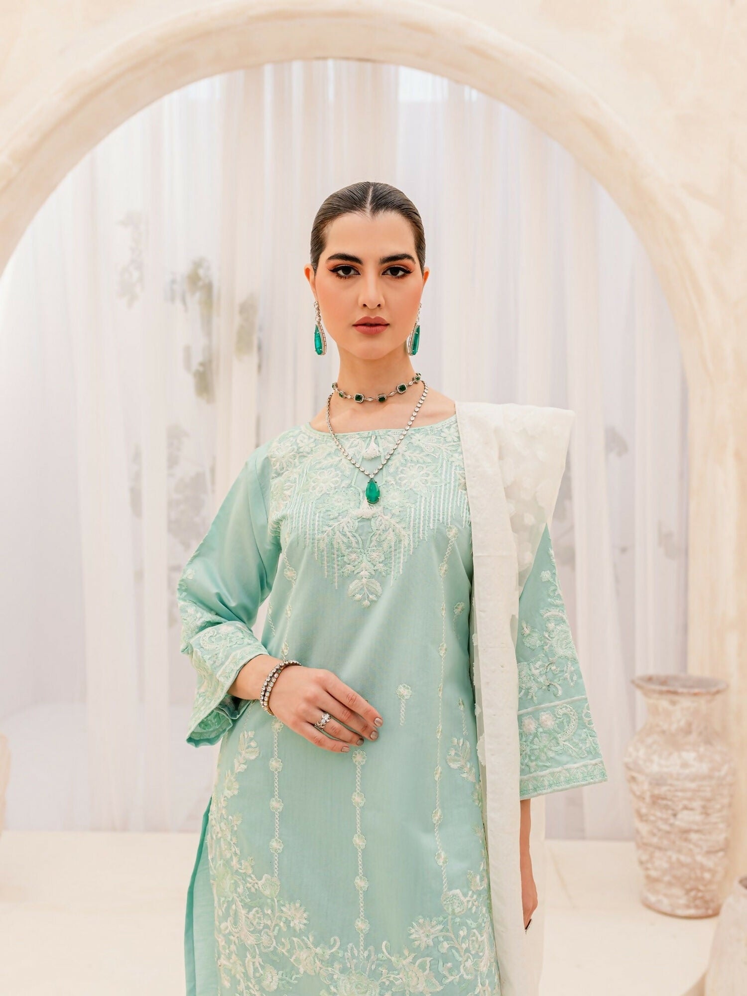 Panache Apparel Chambray Katan Embroidered Stitched Suit-Sky