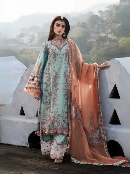Turquoise Blue Hussain Rehar Luxury Lawn Embroidered Unstitched 3-Piece Suit-Malibu