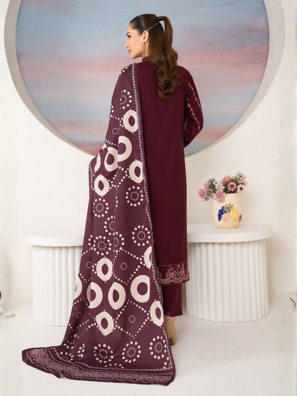 Panache Apparel Winter Basics Linen Embroidered Stitched 3-Piece Suit-Plum Royale