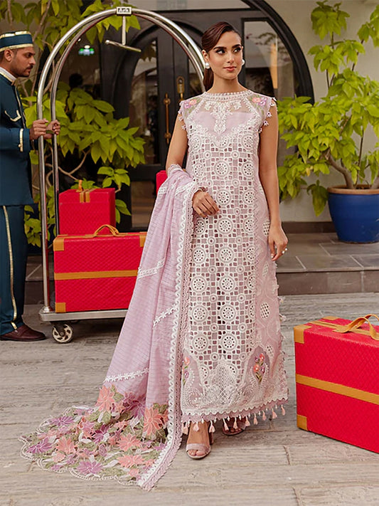 Unstitched 3-piece suit with embroidered lawn front and sleeves, embroidered neckline and borders, check monark dupatta with embroidered organza pallus, and dyed cambric trouser, ideal for chic and classic occasion wear.