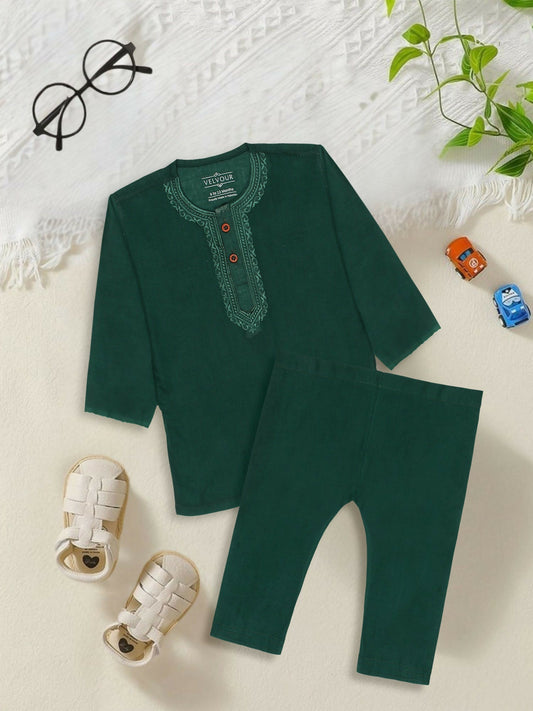 Embroidered stitched cotton kurta pajama suit with round neck, full sleeves, and regular fit, ideal for traditional and festive occasions
