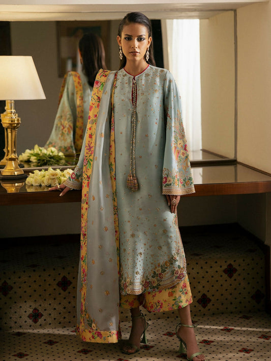 Ice Blue Hussain Rehar BASIC NOT BASIC V Raw Silk Embroidered Stitched 3-Peice-Maze