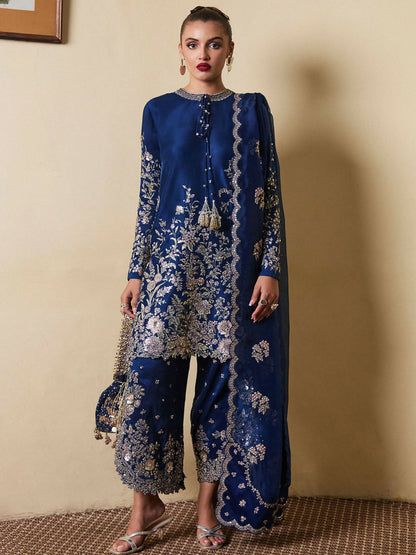 Hussain Rehar navy blue raw silk embroidered shirt with hand embellishments, side slit raw silk shalwar, and scalloped organza dupatta with tassel detail