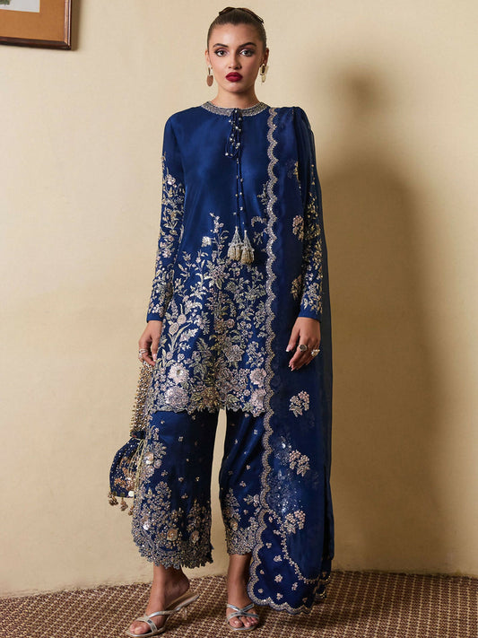 Hussain Rehar navy blue raw silk embroidered shirt with hand embellishments, side slit raw silk shalwar, and scalloped organza dupatta with tassel detail