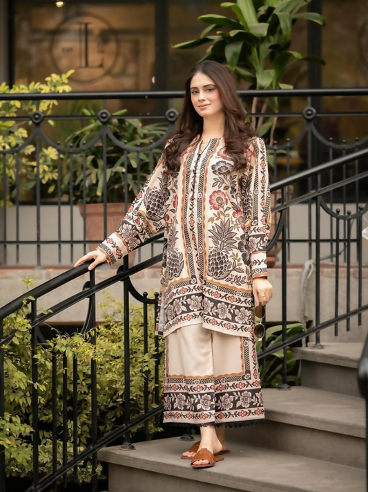 Tehzeeb Libas stitched 2-piece poly lawn cord set with maroon floral printed shirt and straight trousers featuring printed border.