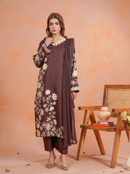 Tawakal Closet Dhanak Embroidered Stitched 3-Piece Suit-Brownish