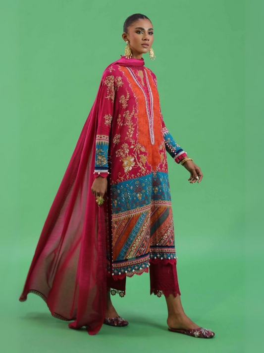 Unstitched 3-piece pink lawn suit featuring bold printed patterns with a matching dupatta and dyed cambric trouser.