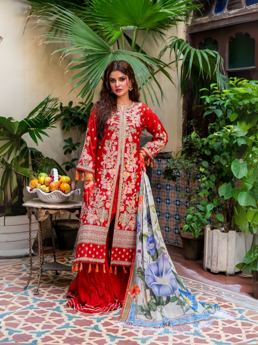 Fatima Hussain unstitched 3-piece suit with embroidered lawn panels, digital printed chiffon dupatta, and dyed cotton trouser.