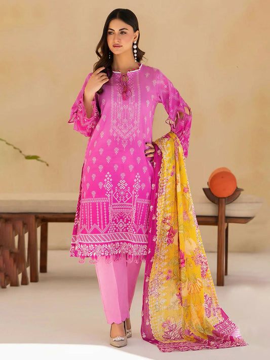 Unstitched 3-piece suit featuring pink digital printed slub lawn shirt with white tribal motifs and border accents, yellow fancy fabric dupatta with pink floral designs, and plain pink lawn trouser.