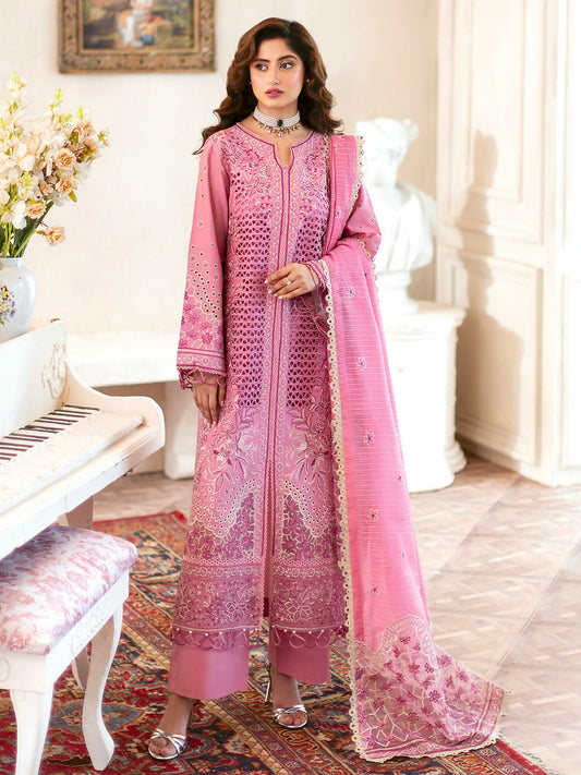 Unstitched embroidered 3-piece suit from Mahnur Sophie Luxury Lawn Collection with embroidered lawn shirt, embroidered dupatta, and dyed trouser.