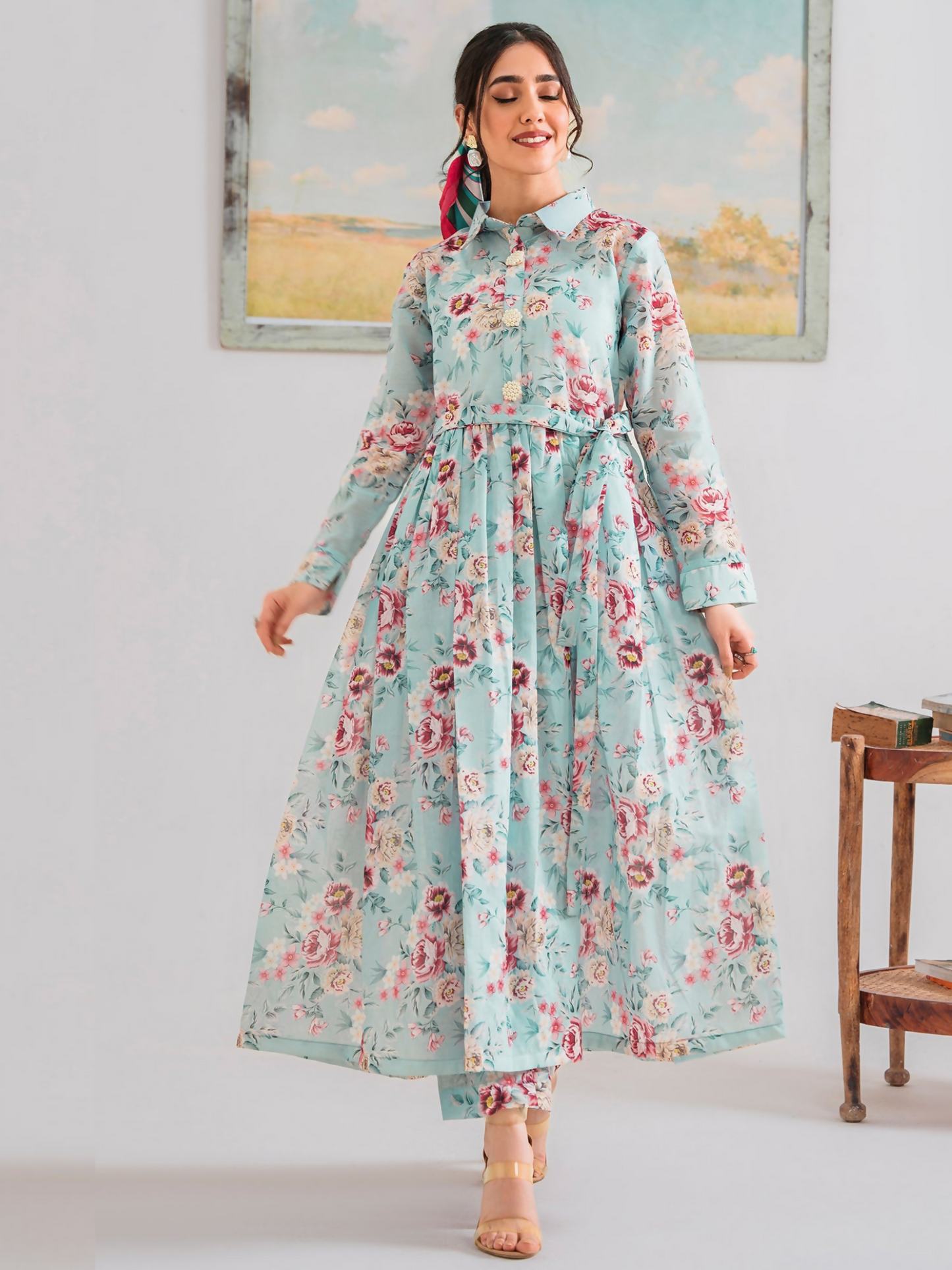 Panache Apparel Chambray Katan Printed Stitched 2-Piece Suit-Camellia